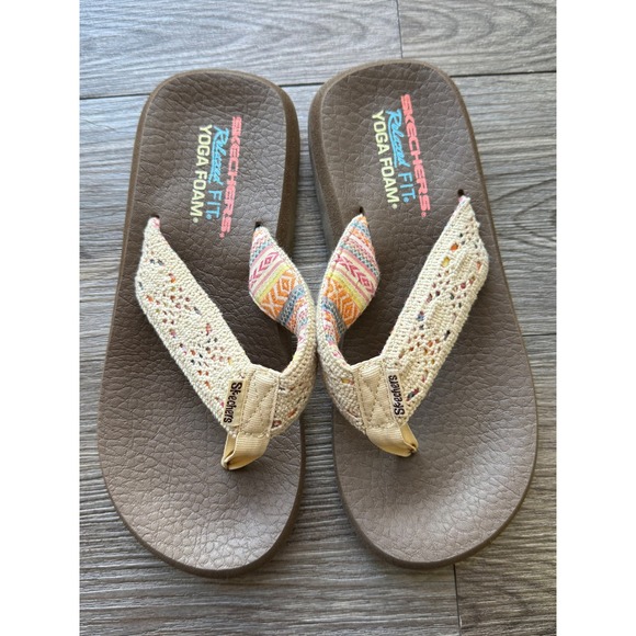 Skechers Shoes - Skechers Relaxed Fit Yoga Foam Brown Tan Crochet Boho Flip Flop Sandals Womens